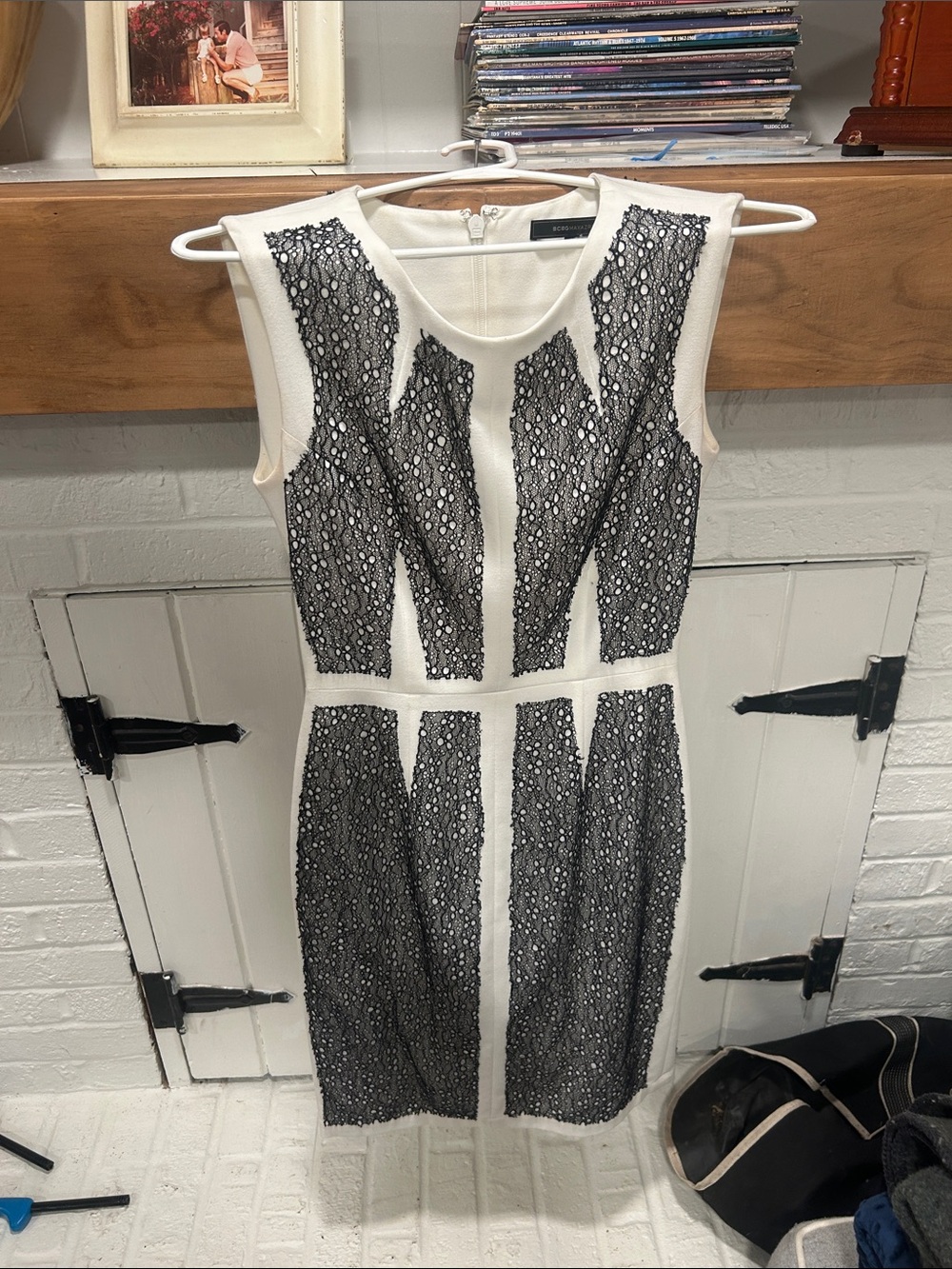 BCBGMaxAzria White Midi Dress with Black Lace Panels
